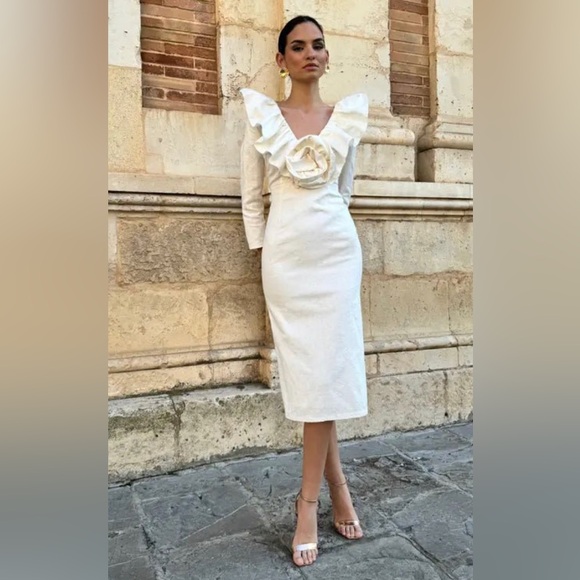 Deep V front and back ruffle midi dress - Picture 1 of 3